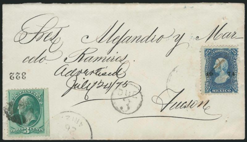 3c Green (158).> Tied by quartered cork cancel, <Tucson Ariz. Sep. 23 territorial> circular datestamp on cover <originating in Mexico and sent to the Dead Letter Office,> originating postage paid by <Mexico
25c Blue (109),> ms. <<Advertised July 2