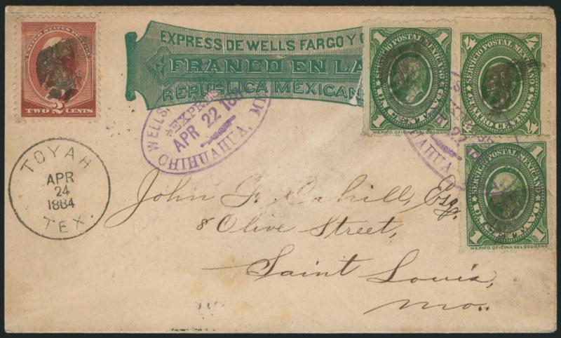 2c Red Brown (210).> Wide margins, cork cancel, <Toyah Tex. Apr. 24, 1884> circular datestamp on <Wells Fargo & Co. Mexico franked entire> to St. Louis Mo., with <Mexico 1c and 4c Hidalgo stamps> cancelled by
Toyah cork and tied by one of two strik