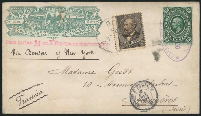 5c Yellow Brown (205).> Tied by partly readable Benson Ariz. territorial datestamp on <Mexico 12c Hidalgo entire with Wells Fargo & Co. Mexico green frank to Asnieres, France,> Mexico postage cancelled by
purple Express Wells Fargo y Ca., Guaymas,