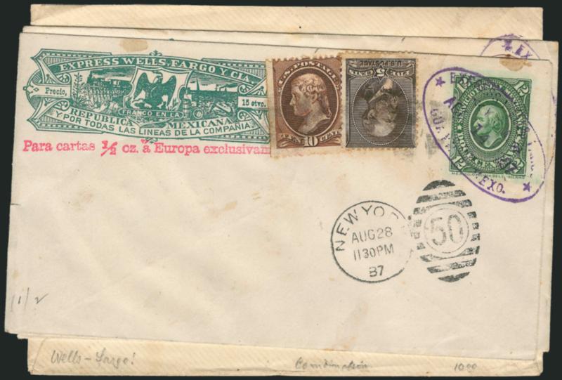 5c Yellow Brown, 10c Brown (205, 209).> 10c s.e., both tied by quartered cork cancels on <Mexico 12c Hidalgo entire with Wells Fargo & Co. Mexico green frank,> used as one of two paste-up entires (other with
20c Mexico postage) attached to triple-rat