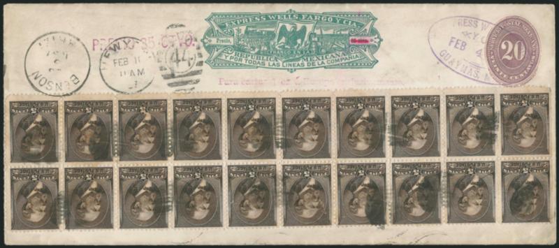 5c Yellow Brown (205).> Block of 20, natural s.e. at left and few perf separations, rich color, tied by cork cancels, Benson Ariz. Feb. 6, 1887 circular datestamp on legal-size <20c Mexico entire with printed
Wells Fargo & Co. Mexico green frank,>