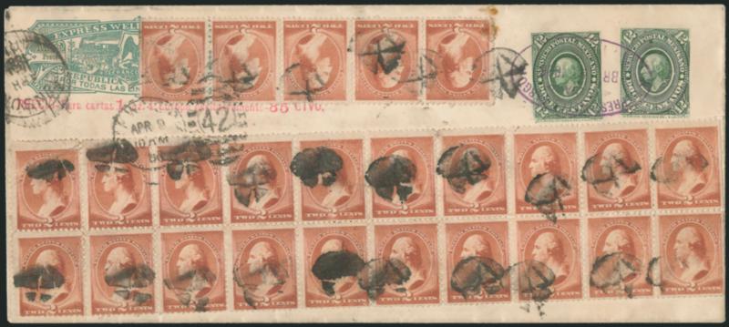 2c Red Brown (210).>  Block of 20 and horizontal strip of five, s.e. at right, tied by cork cancels, Benson Ariz. Apr. ?, 1886 circular datestamp on legal-size <Mexico entire with two 12c Hidalgo impressions
and Wells Fargo & Co. Mexico green frank