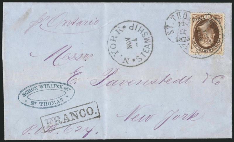 10c Brown (161).> Choice centering, rich color, tied by one of two strikes of <N. York Steamship Nov. 21> circular datestamp on folded letter <originating in St. Thomas, Danish West Indies,> datelined Nov. 12,
1873, addressed to Pavenstedt & Co. in