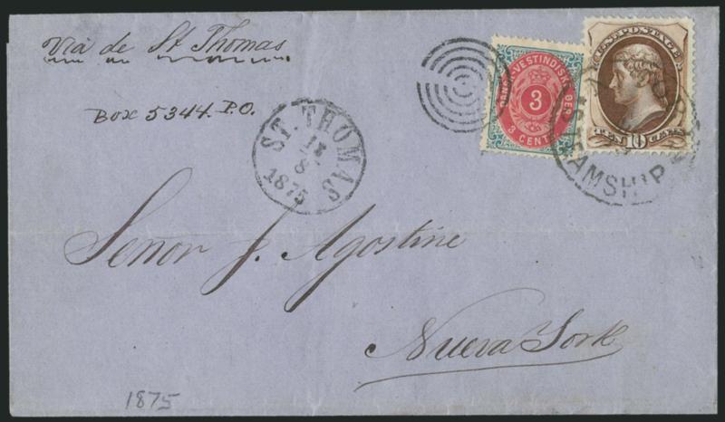 10c Brown (161).> Beautifully centered, crisp shade and impression, used with <Danish West Indies 1874 3c Blue & Carmine (6),> bright fresh colors, well-centered, 3c tied by clear strike of target cancel
(known variety with missing wedge), both stamp