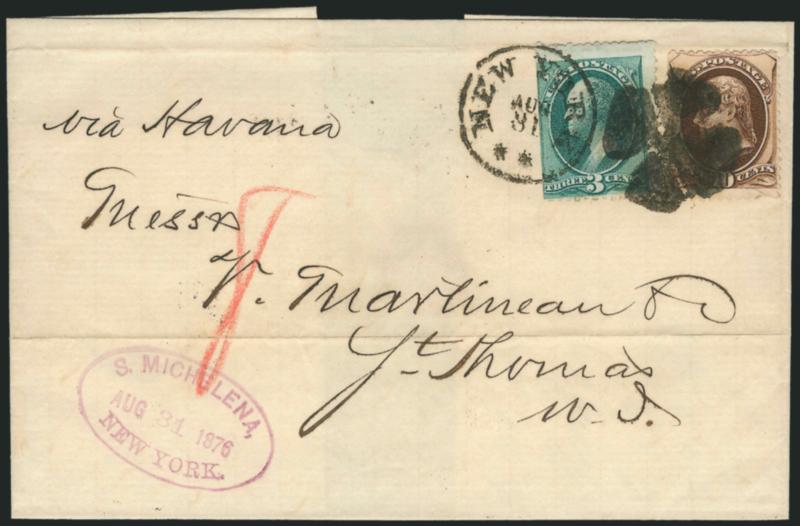 3c Green, 10c Brown (158, 161).> 3c s.e. at left, tied by perfect strike of <New York Foreign Mail Circle of Wedges> cancel (Weiss TR-W1c) and New York Aug. 31 circular datestamp on 1876 folded cover <to St.
Thomas, Danish West Indies,> senders pu