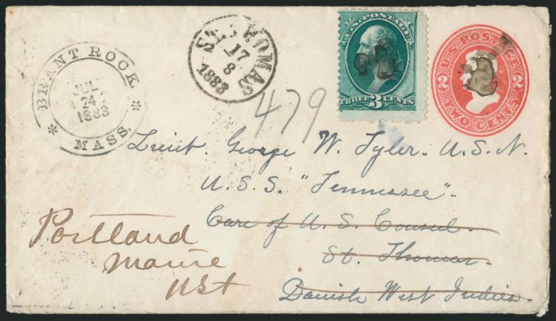 3c Blue Green (207).> Tiny cork cancel struck on stamp, identical cancel and Brant Rock Mass. Jul. 24, 1883 double-circle datestamp on 2c Vermilion entire (U142) <to Lieut. George W. Tyler on board U.S.S.
<<Tennessee>>, in care of American Consul a