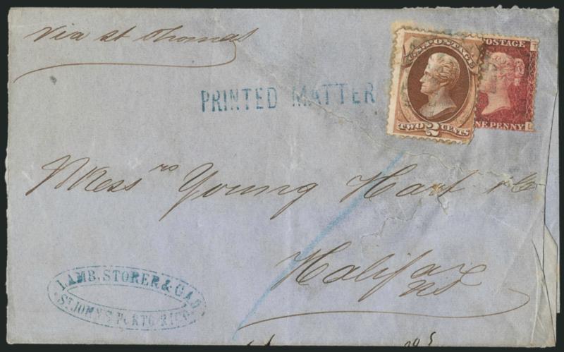 2c Brown (157).> Used with <Great Britain 1p Red, Plate 122 (33),> tied together by segmented cork cancel on folded wrapper <to Halifax, Nova Scotia,> without circular datestamps as customary on circular mail,
blue <Lamb. Storer & Ca St. Johns Port