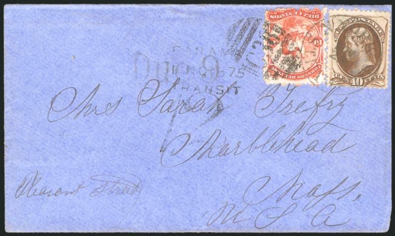 10c Brown (161).> Rich color, used with <Peru 1866 10c Vermilion (17),> both tied by <N. York Steamship Jun. 22> (1875) circular datestamp, Peru stamp also tied by <C38 numeral grid> applied at the British
Post Office in Callao, clear Callao NO