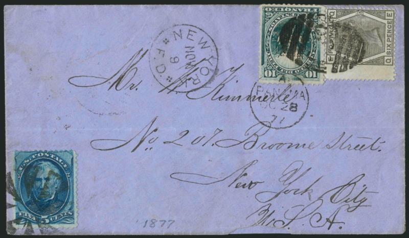 5c Blue (179).> Tied by circle of wedges cancel, used with <Peru 1876 10c Green, Grill (25) and Great Britain 1873 6p Gray (62),> Pl. 15, wing margin, both stamps tied by <C38 numeral grid> applied by British
Post Office at Callao on blue cover <fr