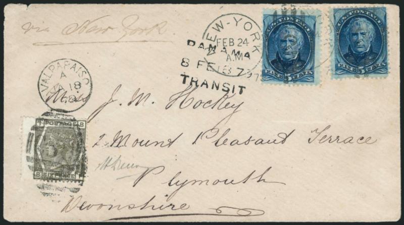 5c Blue (179).> Two, tied by two strikes of New-York Feb. 24 A.M. 79 duplex datestamp and oval grid cancel, used with <Great Britain 1873 60 Gray (62),> Pl. 16, wing margin, tied by <C30 numeral grid> applied
by British Post Office at Valparaiso,