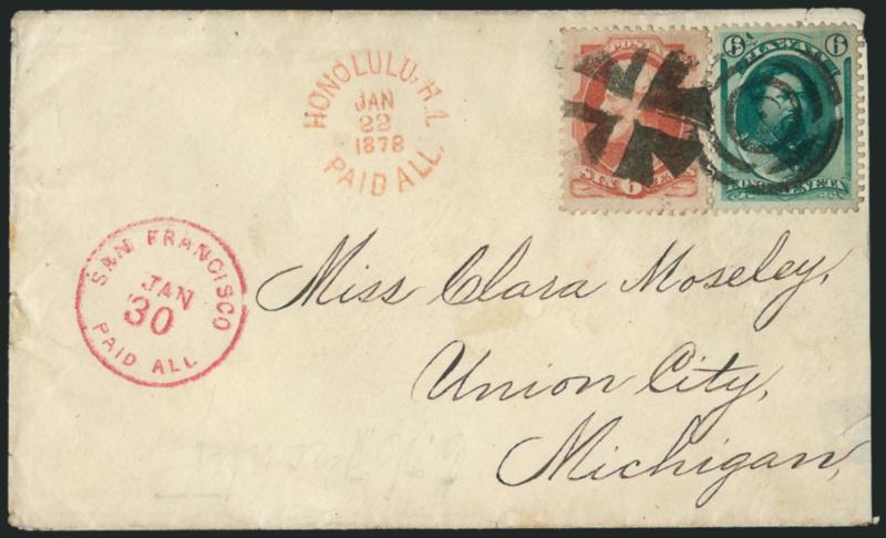 6c Dull Pink (159).> Wide margins, bright color, used with awaii 1871 6c Yellow Green (33),> equally choice centering and margins, both stamps tied by 3-ring target with center pin (Ty. 119), red Honolulu H.I.
Paid All Jan. 22, 1878 rimless dates
