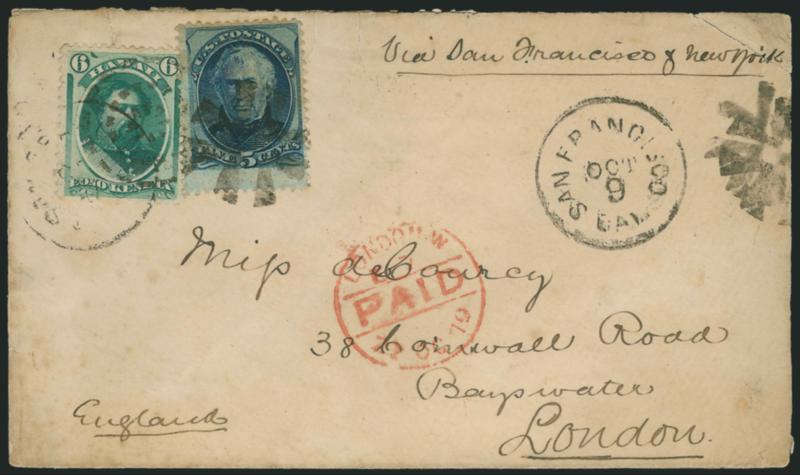 5c Blue (179).> Used with awaii 1871 6c Yellow Green (33),> both stamps tied by Honolulu 3-ring segmented target cancel and one of two strikes of San Francisco Cal. Oct. 9 (1879) duplex datestamp and
crossroads cancel on cover <to London, England
