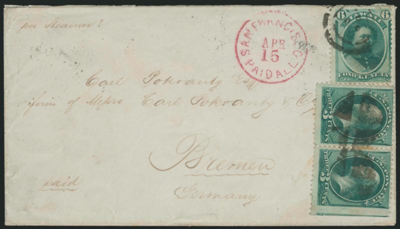 3c Green (158).> Horizontal pair with wide straddle-pane margin, tied between perfs by quartered cork cancels, used with awaii 1871 6c Yellow Green (33),> tied by 3-ring target with 3-hole punch applied at
Honolulu (Ty. 116), Genl Post Office Hon