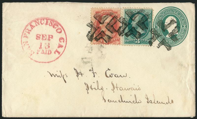 3c Green, 6c Carmine (147, 148).> Rich colors, tied by bold strikes of <San Francisco Foreign Mail> crossroads cancel on 3c Green entire <to Hilo, Hawaii,> magenta San Francisco Cal. Sep. 13 Paid circular
datestamp applied at the foreign-mail offic