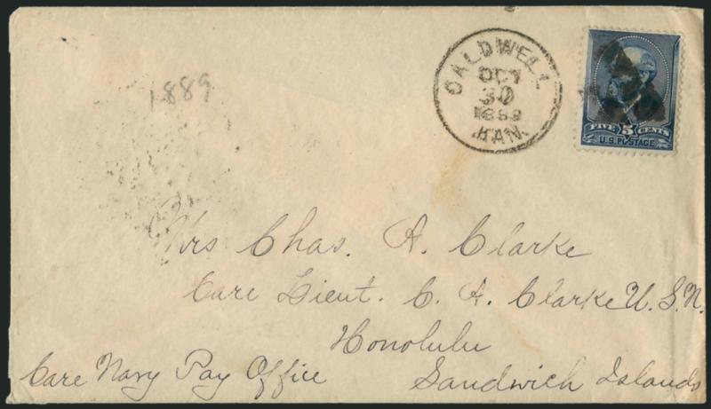 5c Indigo (216).> Cork cancel with duplex Caldwell Kan. Oct. 30, 1889 datestamp on cover <to U.S. Navy Pay Office in Honolulu, Hawaii,> backstamped New York, San Francisco and Honolulu with notation <<Recd
Nov. 15, 89 per Australia Honolulu H.I