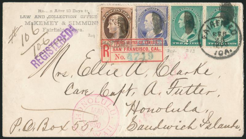 1c Ultramarine, 2c Green, 10c Brown (209, 212, 213).> 10c three huge margins, 2c pair, all cancelled by half-circle cork and 2c pair tied by Fairfield Ioa. Feb. 20, 1890 circular datestamp on <registered>
attorneys corner card cover <to Honolulu,