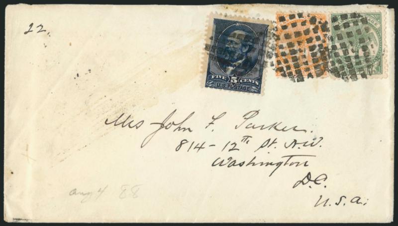 5c Indigo (216).> Used with <Samoa, 1890, 1p Yellow Green, 2p Orange Brown, Perf 12 x 11-12 (11b, 13b),> all stamps tied by three strikes of large dotted grid cancel on 1888 cover to Washington D.C., magenta
San Francisco Paid All Aug. 4 and recei