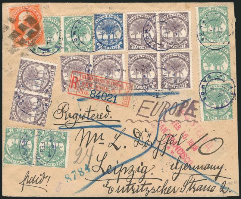 15c Orange (189).> Tied by segmented cork cancel, used with <Samoa, 1886, -12p Brown Violet, 1p Yellow Green, 4p Blue, Perf 12 x 11-12 (9, 11, 16),> four horizontal pairs of -12p, vertical strip of three and
two horizontal pairs of 1p, single 4p,