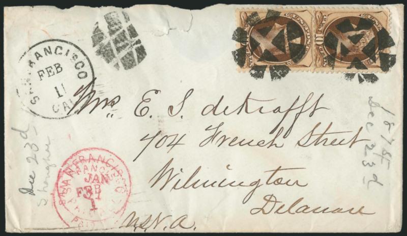 10c Brown (161).> Two, rich color, tied by two bold strikes of large <San Francisco Foreign Mail> segmented cork cancel on cover <originating in Shanghai, China,> and addressed to Mrs. E. S. DeKrafft in
Wilmington Del., magenta San Francisco Paid Al