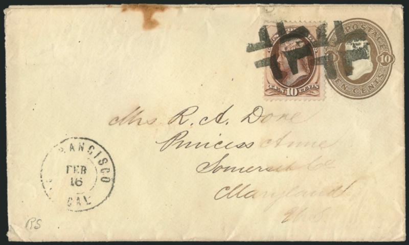 10c Brown (150).> Rich color and sharp impression, tied by crossroads cancel on <10c Brown on Amber entire (U92)> to Mrs. R. A. Dove in Princess Anne, Maryland, with <U.S. country designation>, San Francisco
Cal. Feb. 16 double-circle datestamp,