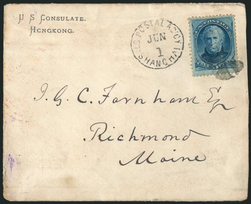 5c Blue (185).> Tied by circle of wedges cancel, <U.S. Postal Agcy, Shanghai, Jun. 1> circular datestamp on cover with <U.S. Consulate. Hong Kong imprint> to Richmond Me., San Francisco and receiving
backstamps, some overall soiling, Very Fine, e