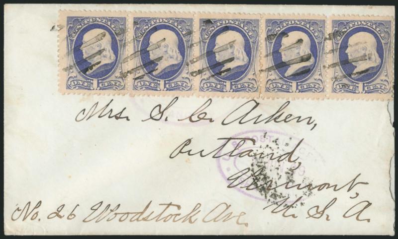 1c Gray Blue (206).> Horizontal strip of five, tied by black grids and light strike of purple <U.S. Postal Agency * Shanghai * 7 June 1889> oval datestamp on cover to Rutland Vt., second strike at bottom, San
Francisco and receiving backstamps, bar