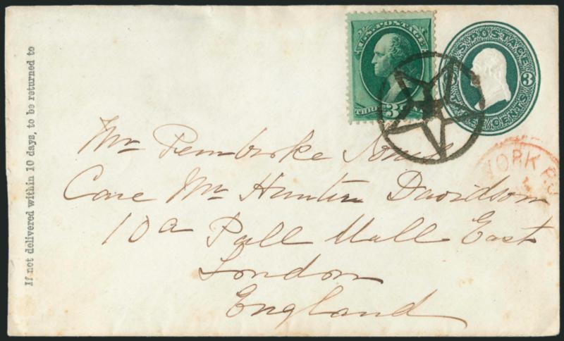 3c Green (158).> Rich color, tied by perfect bold strike of <New York Foreign Mail Star in Circle> cancel (Weiss ST-MP1) on 3c Green entire <to London, England,> partly readable red New York P.O. Oct. 17
circular datestamp, receiving backstamp (Oct