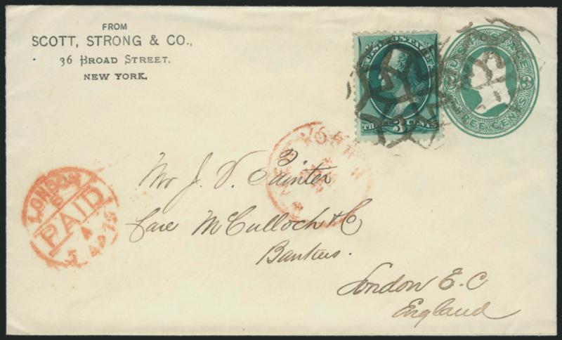 3c Green (158).> Rich color, tied by <New York Foreign Mail Geometric> cancel (Weiss GE-EN5) on 3c Green entire <to London, England,> red New York Mar. 28 (1875) circular datestamp, red London Paid datestamp,
Very Fine strike