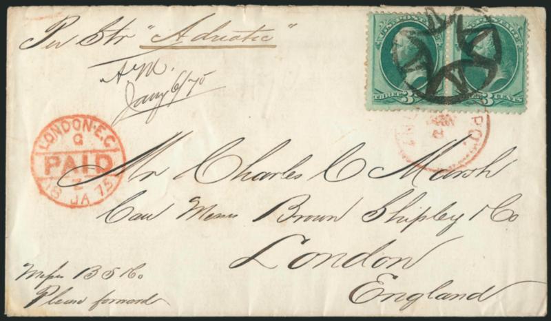 3c Green (158).> Horizontal pair, bright color, tied by <New York Foreign Mail Star> cancel (Weiss ST-8P5) on cover <to London, England,> red New York P.O. Jan. 8 (1875) circular datestamp, red London Paid
datestamp, Very Fine, ex Barwis