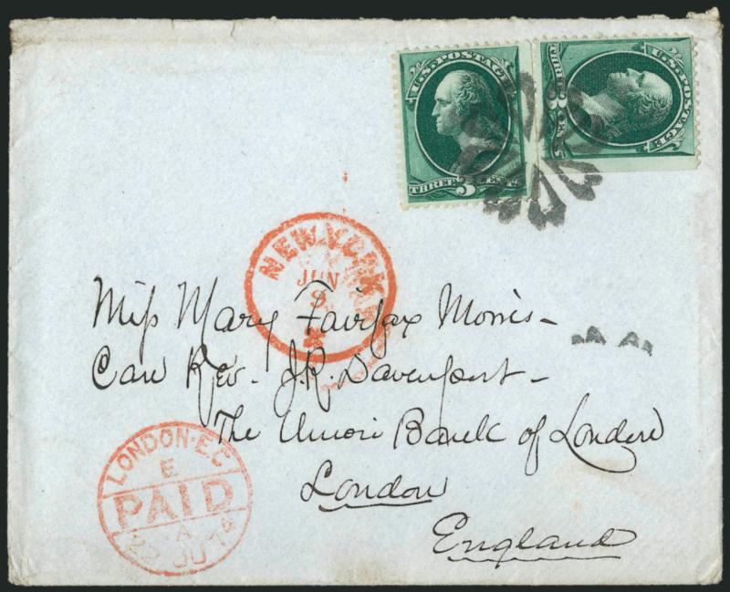 3c Green (158).> Two, both with s.e., deep shade, tied by <New York Foreign Mail Circle of Hearts> cancel (Weiss TR-W5) on cover <to London, England,> red New York Jun. 9 (1875) circular datestamp, red London
Paid datestamp, Extremely Fine