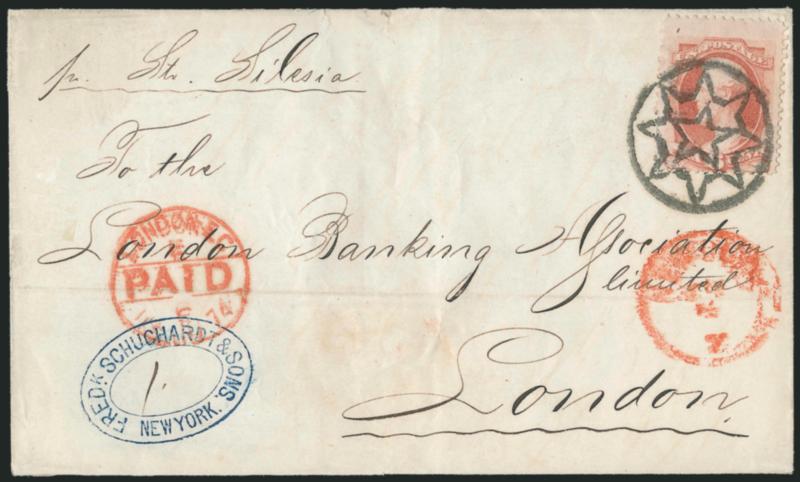 6c Dull Pink (159).> Bright color, tied by absolutely perfect bold strike of <New York Foreign Mail Star> cancel (Weiss ST-MP3), red New York Jun. 4 (1874) circular datestamp on folded cover <to London,
England,> senders blue oval handstamp and di