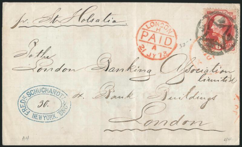 6c Carmine (148).> Rich color, tied by well-struck <New York Foreign Mail Star> cancel (Weiss ST-8P) and by indistinct red New York circular datestamp on 1873 folded cover <to London, England,> senders blue
oval handstamp and directive <<pr. Str. H