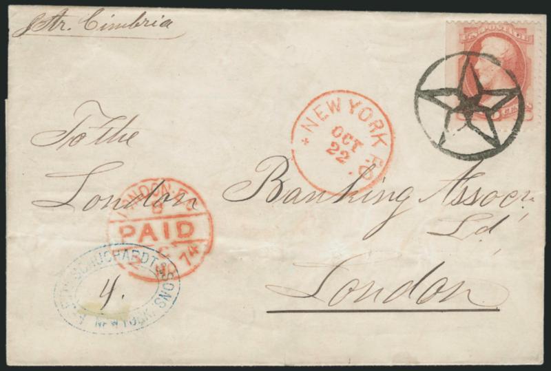 6c Dull Pink (159).> Natural s.e. at left, radiant color, tied by perfect strike of <New York Foreign Mail Star> cancel (Weiss ST-MP1), red New York P.O. Oct. 22 (1874) circular datestamp on folded cover <to
London, England,> senders blue oval han