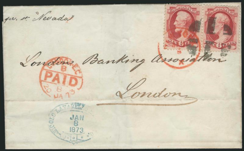 6c Carmine (148).> Horizontal pair, deep rich color, tied by <New York Foreign Mail Segmented Cork> cancel (Weiss TR-G family) and red New York Jan. 8 (1873) circular datestamp on folded cover <to London,
England,> senders blue oval belt datesta