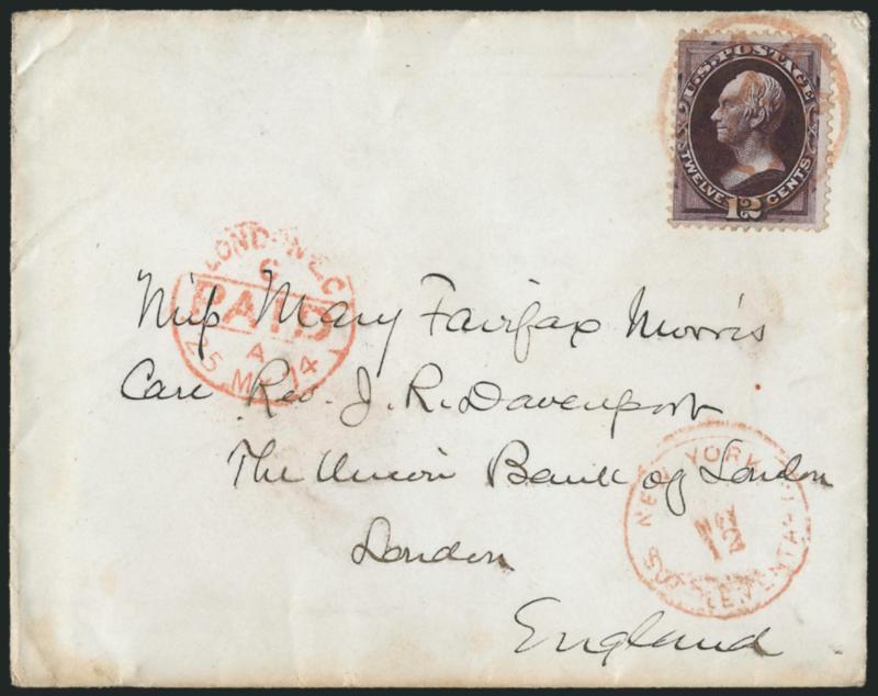12c Blackish Violet (162).> Dark shade, tied by clear strike of <red New York Foreign Mail Star> cancel (Weiss ST-MP3), matching <New York Supplementary May 12 Type D Supplementary Mail> circular datestamp on
cover <to London, England,> red London