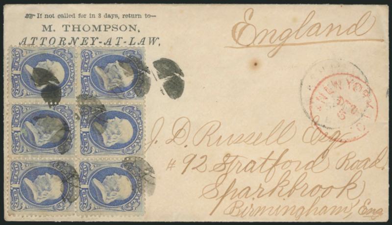 1c Ultramarine (156).> Block of six, tied by quartered cork cancels, light strike of Washington D.C. Dec. 4 (1874) circular datestamp on attorneys corner card cover <to Birmingham, England,> red New York Dec.
5 circular datestamp, receiving back