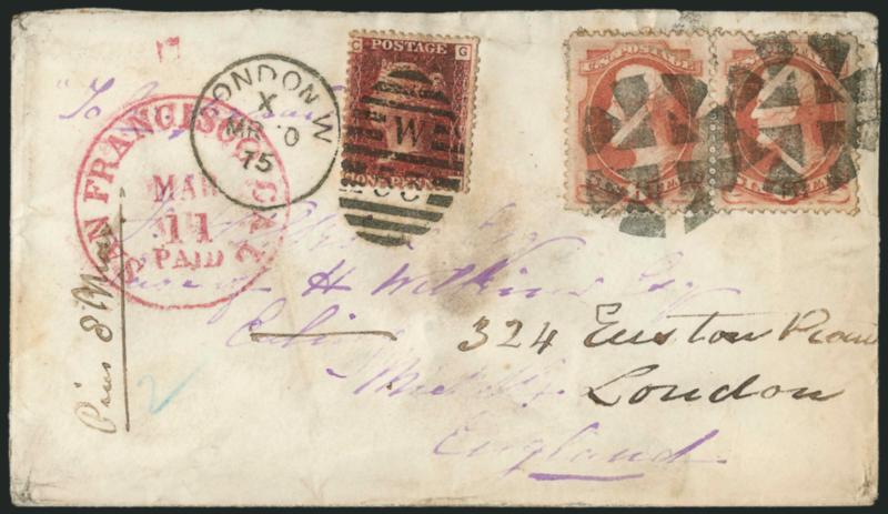 6c Dull Pink (159).> Horizontal pair, well-centered, tied by two strikes of <San Francisco Foreign Mail> segmented cork cancel, magenta San Francisco Cal. Mar. 11 Paid (1875) circular datestamp on cover
addressed in violet <to Ealing, England,> rea