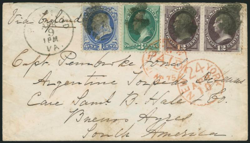 12c Blackish Violet (162).> Horizontal pair, s.e. at left, used with <1c Ultramarine, 3c Green (145, 147),> all tied by cork cancels, Richmond Va. Apr. 9 (1875) circular datestamp on cover <to Buenos Aires,
Argentina,> red New York 24 Apr. 10 cre