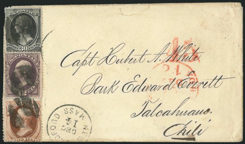 30c Black (154).> Used with <2c Red Brown (146) and 12c Dull Violet (151),> cancelled by segmented cork, New Bedford Mass. Dec. 14 circular datestamp on cover <to Talcahuano, Chile,> addressed to a whaling
captain, light strike of red New York 24c