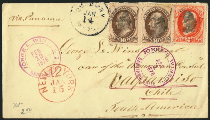 2c Vermilion, 10c Brown (161, 178).> 10c pair and 2c cancelled by cork, pair tied by  Duxbury Mass. Jan. 14 (1876) circular datestamp on cover <to Valparaiso, Chile,> addressed to George S. Winsor in care of
American Consul, red New York 12 Jan. 1