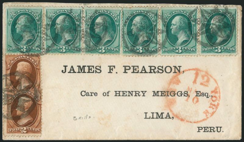 2c Red Brown, 3c Green, Grill (135, 136).> H. Grill, two 2c, two strips of three 3c (one with s.e., both well-centered), tied by five strikes of <New York Foreign Mail Star> cancel (Weiss ST-8P11) on 1873
cover with printed address <to Lima, Peru,> r