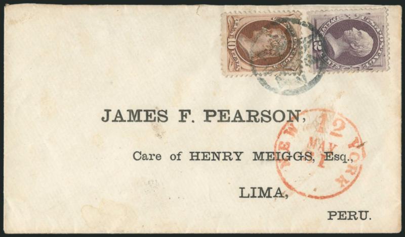 10c Brown, 12c Dull Violet (150, 151).> Tied by <New York Foreign Mail Star> cancel (Weiss ST-8P11) on cover with printed address <to Lima, Peru,> red New York 12 May 31 credit datestamp, 1873 receiving
backstamp, Very Fine, attractive use, ex Mood