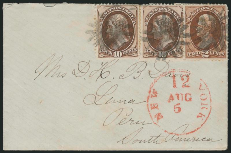 2c Red Brown, 10c Brown (146, 150).> Two 10c, tied by circle of Vs on cover <to Lima, Peru,> red New York 12 Aug. 5 credit datestamp, with original 1870-dated contents, stamps with few faults incl. 2c torn in
half on opening, still appears Fine, a