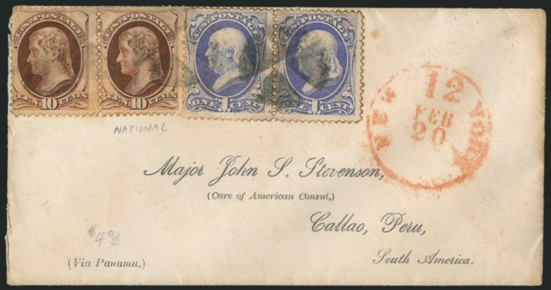 1c Ultramarine, 2c Red Brown, 10c Brown (145, 146, 150).> Two 22c rate covers <to Peru,> each with two 10c, one with two 1c and printed address to Callao, other with 2c to Lima, red New York 12c credit
datestamps, minor faults, Fine appearance