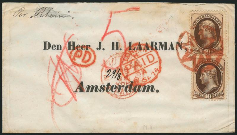 10c Brown (161).> Two, deep rich color and proof-like impression, tied by perfect bold strike of <red New York Foreign Mail Star> cancel (Weiss ST-8 P4), matching <New York Paid Aug. 29 Sup. Type E
Supplementary Mail> circular datestamp on cover wi