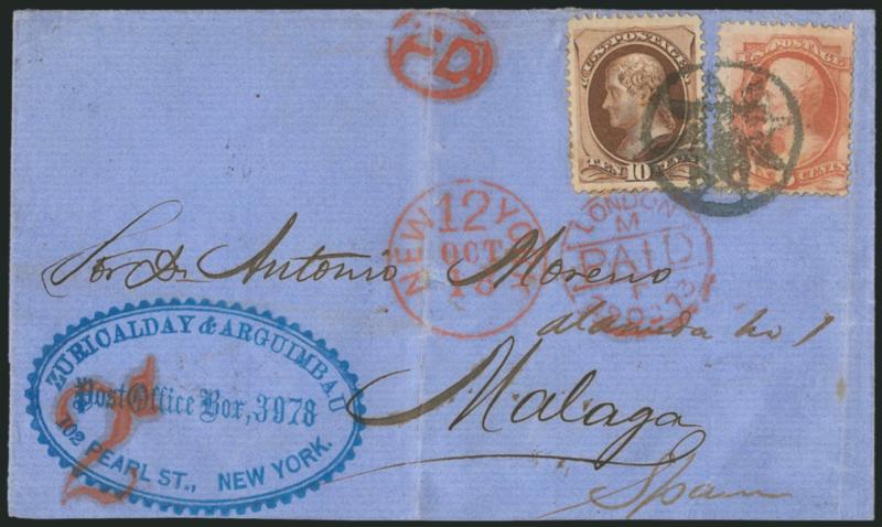6c Dull Pink, 10c Brown (150, 159).> Combination of 10c National (well-centered) and 6c Continental printings tied by <New York Foreign Mail Star> cancel (Weiss ST-8P11) on blue folded cover <to Malaga,
Spain,> Zuricalday & Arguimbau blue sawtooth ov