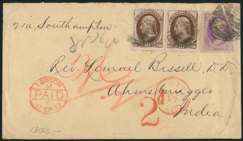 24c Purple (153).> Used with horizontal pair of <10c Brown (150),> tied by circle of wedges cancels, red Boston Paid Aug. 27 (1872) circular datestamp on cover <to Ahmednugger, India,> senders routing <<Via
Southampton,>>  red crayon 362 cred