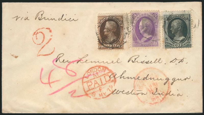 2c Brown, 24c Purple, 30c Black (153, 157, 165).> Tied by light strikes of circle of wedges cancel, red Boston Paid Apr. 27 (1875) circular datestamp on cover <to Ahmednuggur, India,> senders routing <<Via
Brindisi,>> red crayon 482 credit, r