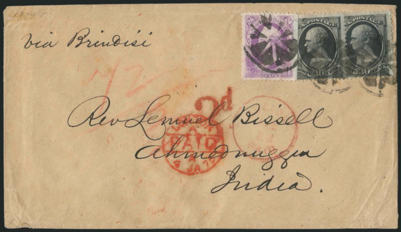 24c Purple, 30c Black (153, 165).> 24c superbly centered with wide s.e. at right, used with two slightly overlapping 30c, tied by three strikes of circle of wedges cancel, red Boston Paid Dec. 23 (1874)
circular datestamp on cover <to Ahmednuggur,