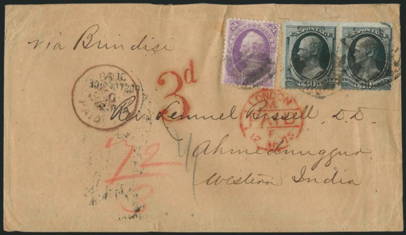 24c Purple, 30c Black (153, 165).> 24c well-centered, used with 30c pair, tied by three strikes of circle of wedges cancel, dark red Boston Paid Mar. 30 (1875) circular datestamp on cover <to Ahmednuggur,
India,> senders routing <<Via Brindisi,>